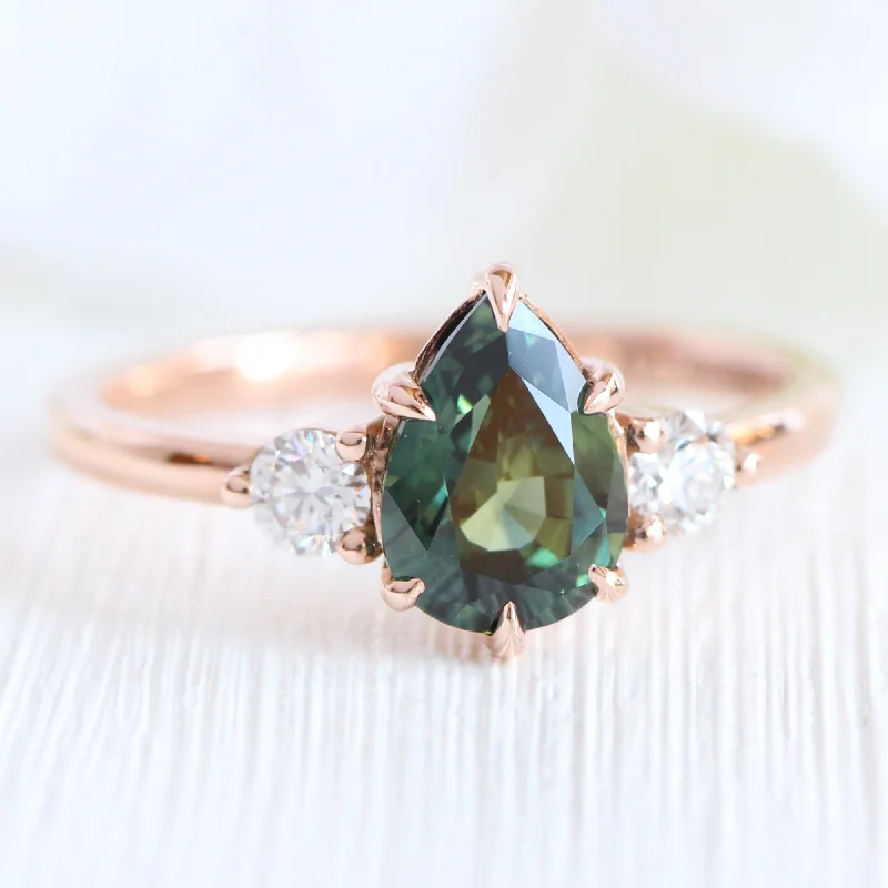 women's sapphire solitaire engagement rings-1.97 Ct Pear Teal Green Sapphire Ring in 14k Rose Gold 3 Stone Diamond Ring, Size 6.5