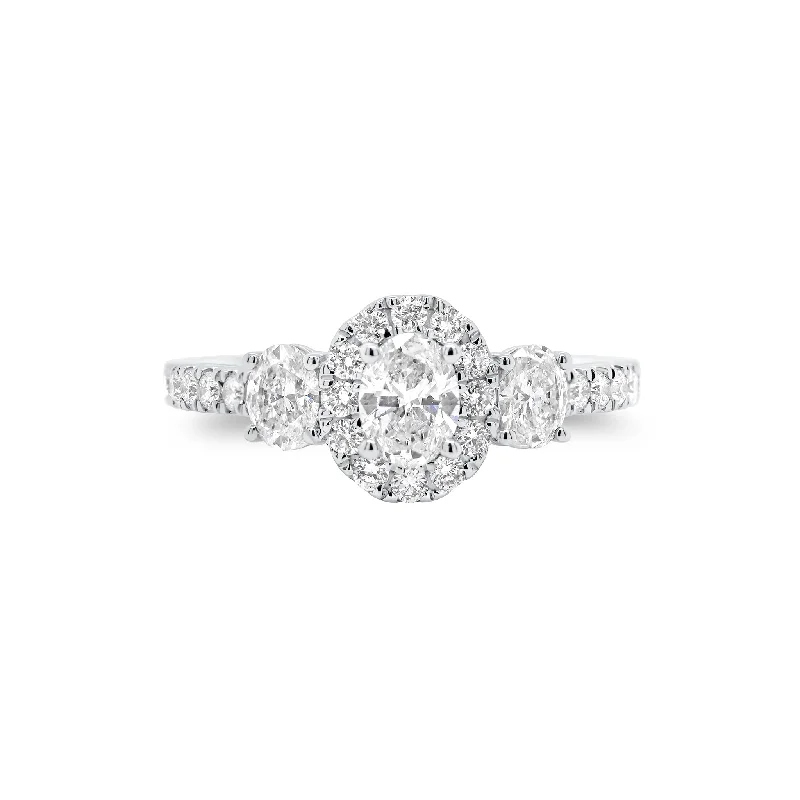 women's cushion-cut halo engagement rings-Oval Diamond Halo Three-Stone Engagement Ring