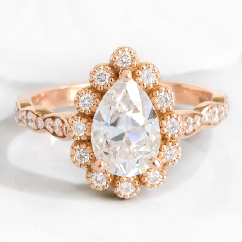 women's antique-style engagement rings-Pear Moissanite Diamond Ring in 14k Rose Gold Vintage Luna Halo, Size 6