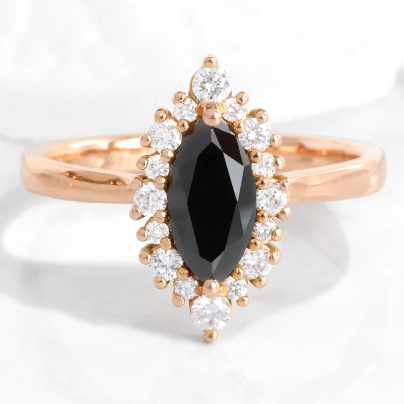 women's diamond engagement rings with bands-Marquise Black Diamond Ring in Tiara Halo Tapered Band