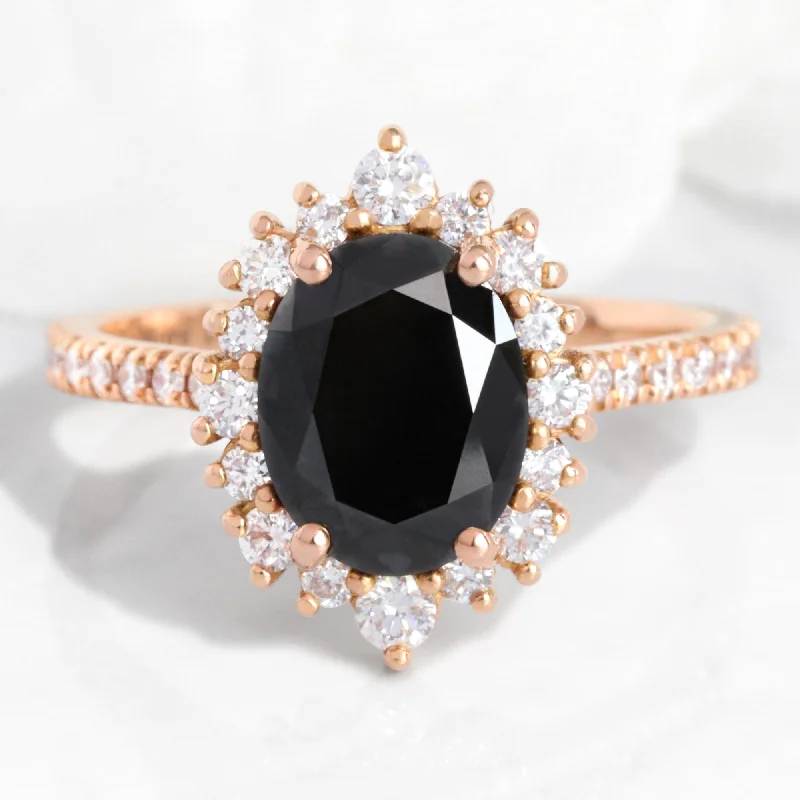 women's bridal rings with diamonds-Large Oval Black Diamond Ring in Tiara Halo Diamond Pave Band