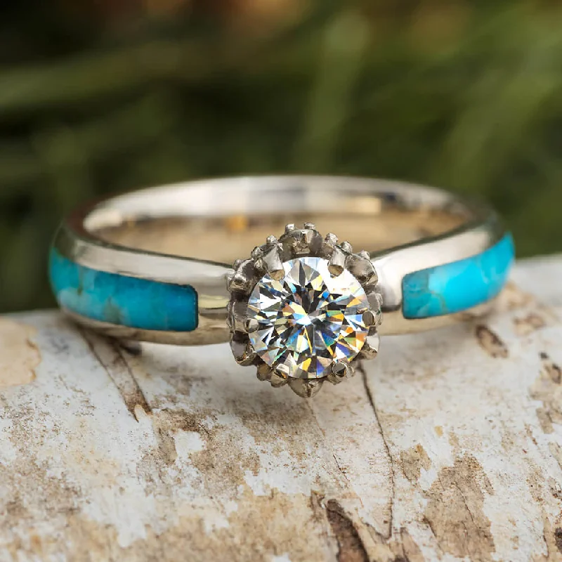 women's solitaire engagement rings-Moissanite & Turquoise Engagement Ring with Lotus Setting