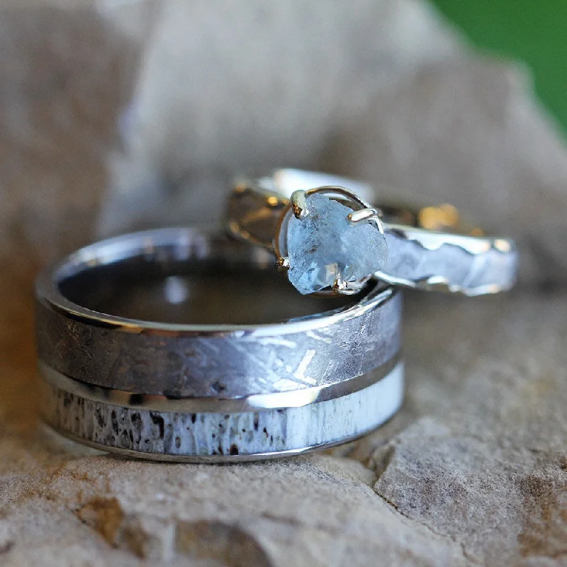 women's halo engagement rings-Unique Meteorite Wedding Ring Set with Rough Aquamarine Engagement Ring