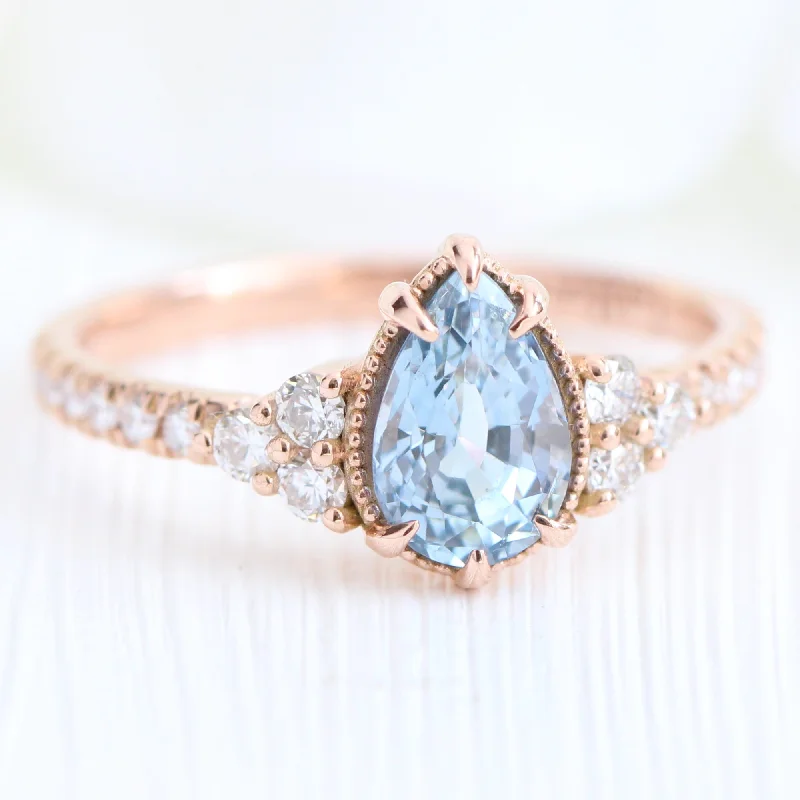 women's oval gemstone engagement rings-Pear Aqua Blue Sapphire Diamond Ring in 14k Rose Gold Vintage 3 Stone Ring, Size 6.5