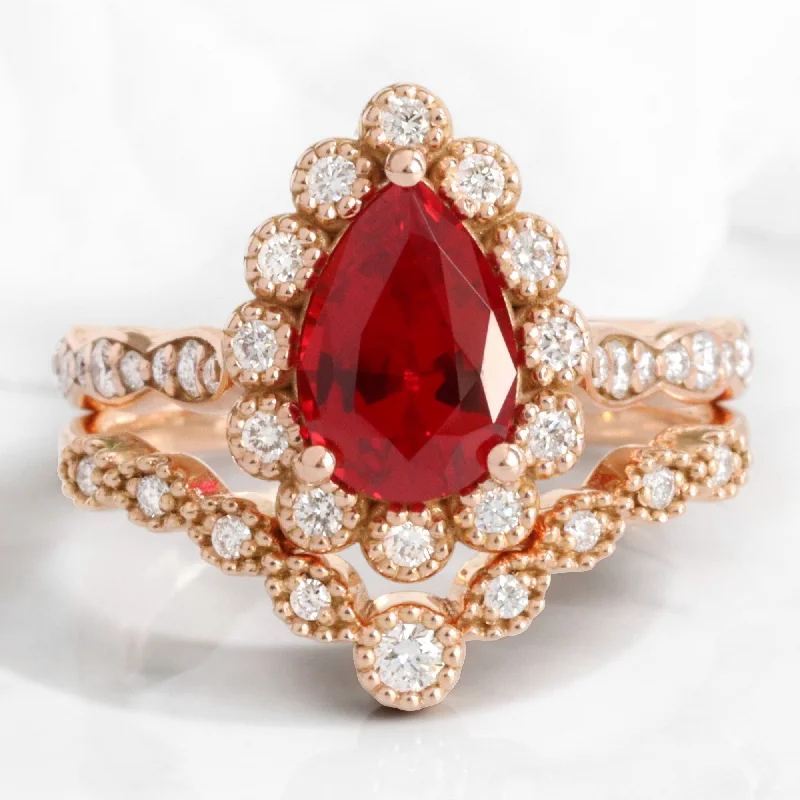 women's commitment rings for women-Pear Ruby Diamond Ring Bridal Set w/ Milgrain Wedding Band in Vintage Luna Halo