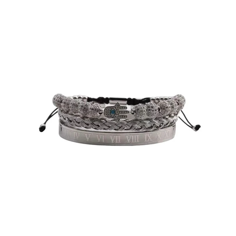 Roman Bracelet + Open-Ended Bracelet + Palm Rhinestone Ball Silver