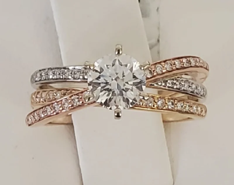 women's double halo engagement rings-14kt Three Band Tri Color Engagement Ring