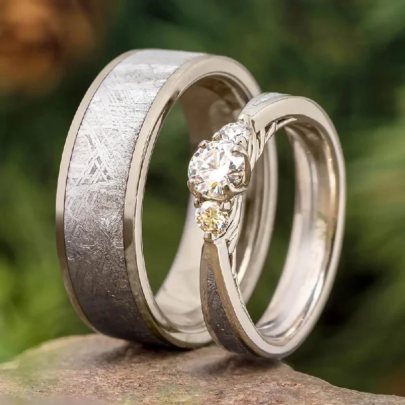 women's pear-shaped engagement rings-Meteorite Wedding Ring Set With Three Stone Engagement Ring