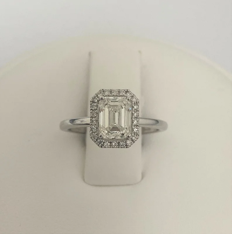 women's heart-shaped engagement rings-14kt White Gold Halo Emerald Cut Engagement Ring