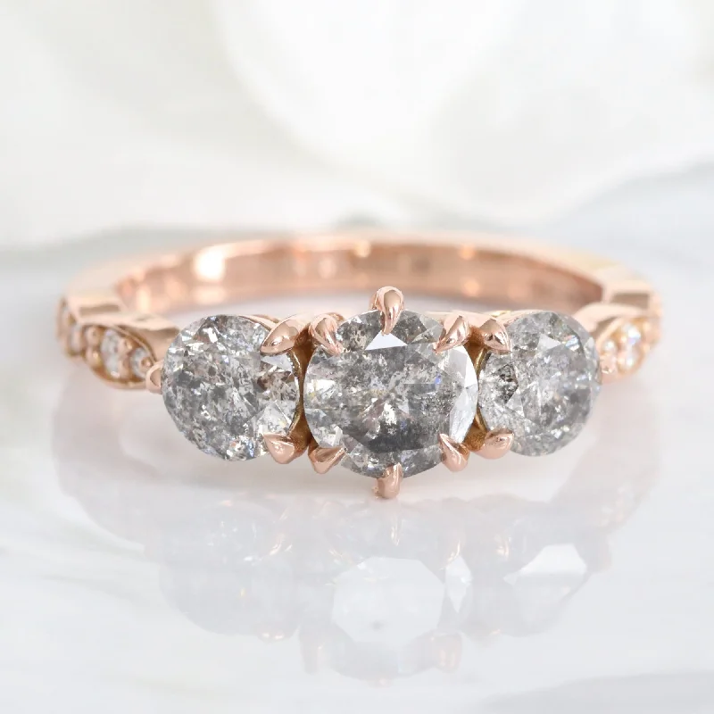 women's engagement rings with colored stones-1.82 Ct Salt and Pepper Diamond Ring in 14k Rose Gold 3 Stone Scalloped Band Size 6.5