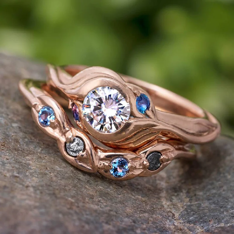 women's gold engagement rings-Unique Nature Inspired Bridal Set, Bezel Set Engagement Ring