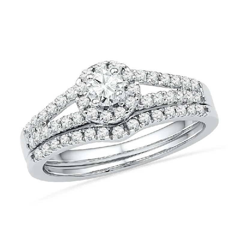 women's heart-shaped engagement rings-Split Shank Diamond Halo Engagement Ring & Band Set