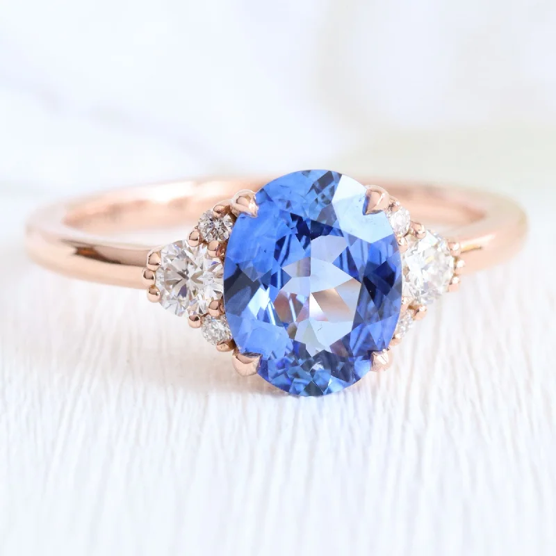 women's cushion-shaped engagement rings-2 Ct. Oval Ceylon Blue Sapphire Ring in 14k Rose Gold 3 Stone Diamond Ring, Size 6.5