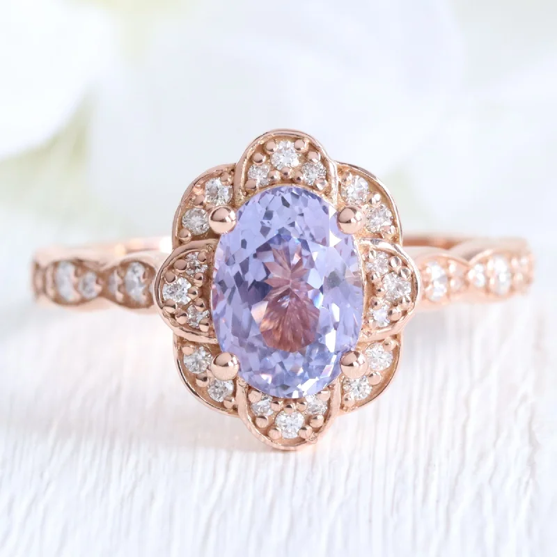 women's rose gold diamond engagement rings-2.16 Ct Lavender Sapphire Diamond Ring in 14k Rose Gold Vintage Floral Style, Size 6.5