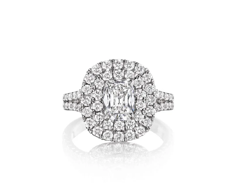 women's engraved engagement rings-Double Diamond Halo Engagement Ring