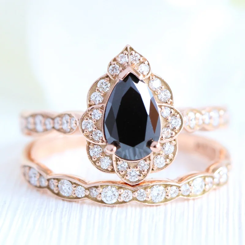 women's rose gold engagement rings-Vintage Floral Black Diamond Ring Set w/ Pear Diamond and Matching Wedding Band