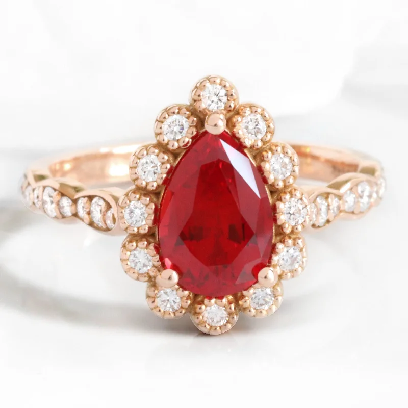 women's alternative engagement rings-Pear Ruby Engagement Ring in Vintage Luna Halo Diamond Ring