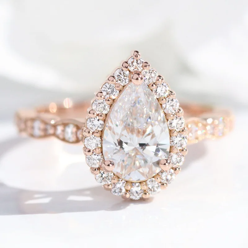 women's square diamond engagement rings-Pear Lab Diamond Ring Scalloped Band w/ Natural Diamonds in Luna Halo Ring