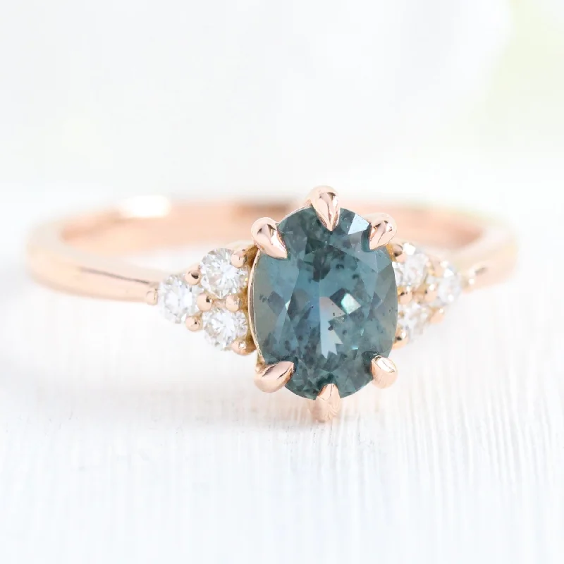 women's diamond engagement rings-Teal Green Sapphire Engagement Ring in 14k Rose Gold 3 Stone Diamond Ring, Size 6.25